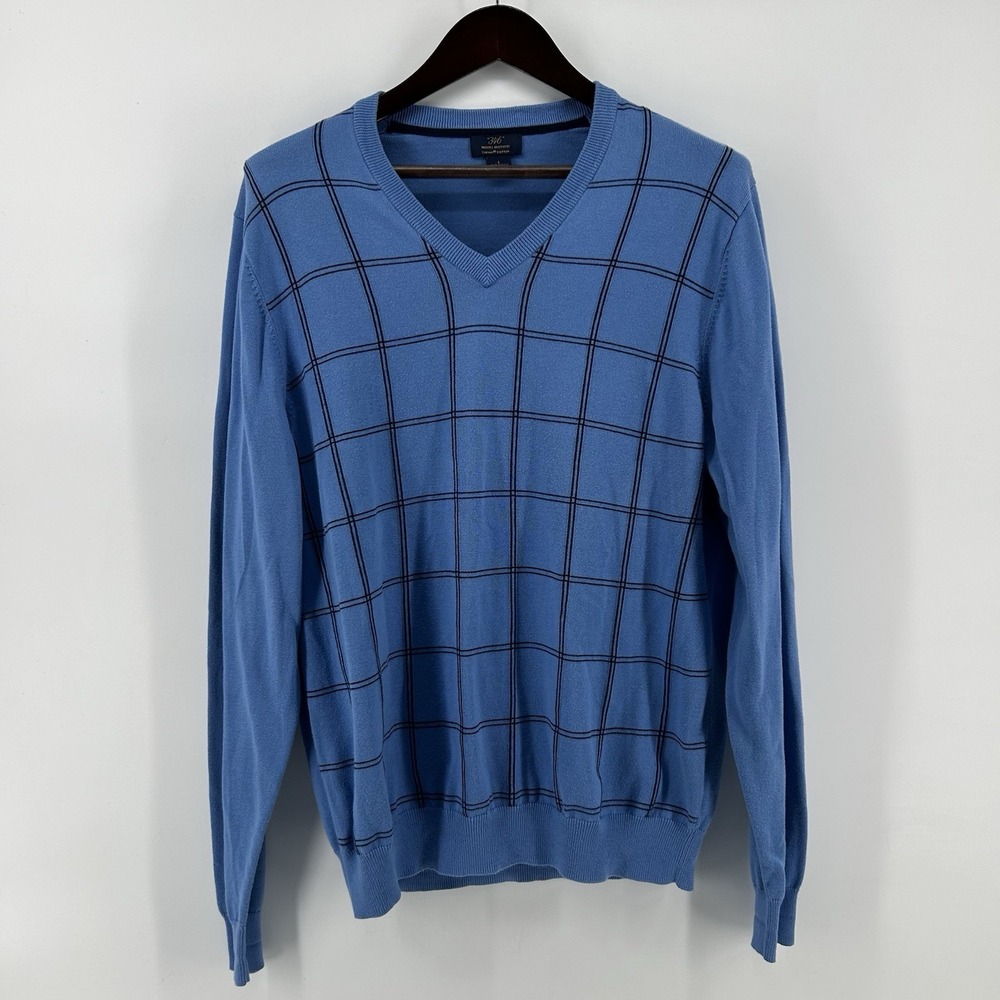 Brooks Brothers 346 Sweater Mens L Blue Windowpane Check Supima Cotton V Neck